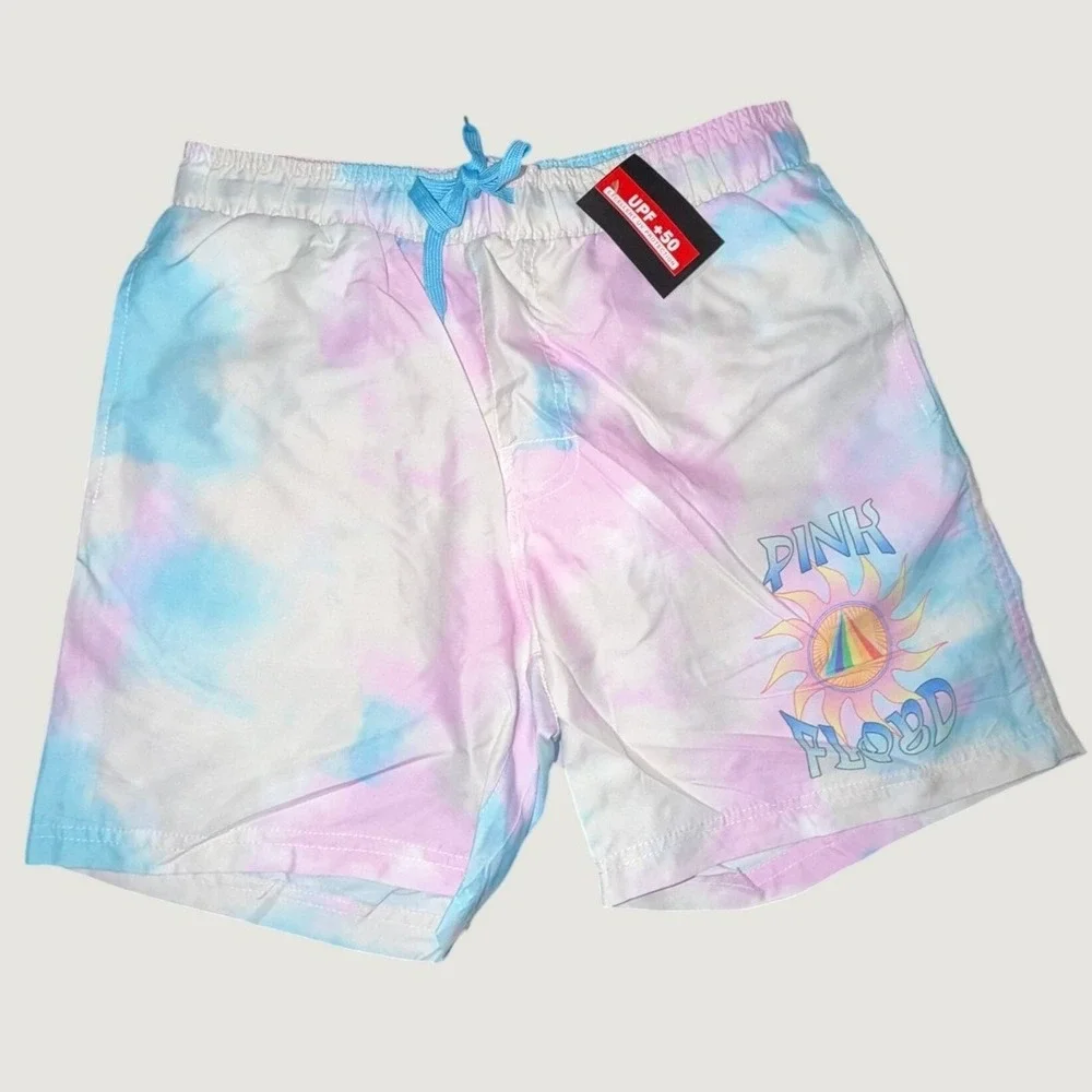 Pink Floyd Mens Tie Dye Swim Trunks Pastel Pink Blue Sun Prism Logo Size M NEW